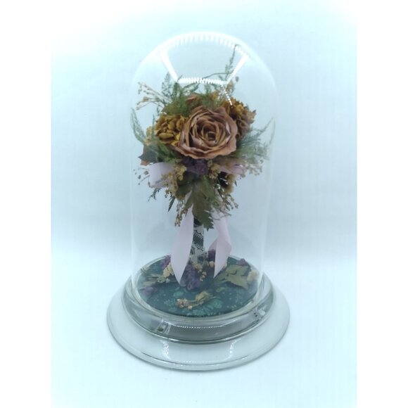 Natural Freeze Dried Rose Floral Arrangement In Glass Cloche 9" - Picture 3 of 12
